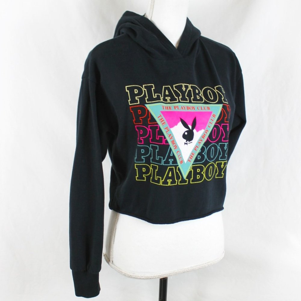 PLAYBOY BY PACSUN Hoodie Woman Size XS Black Cropped Neon Logo The Playboy Club